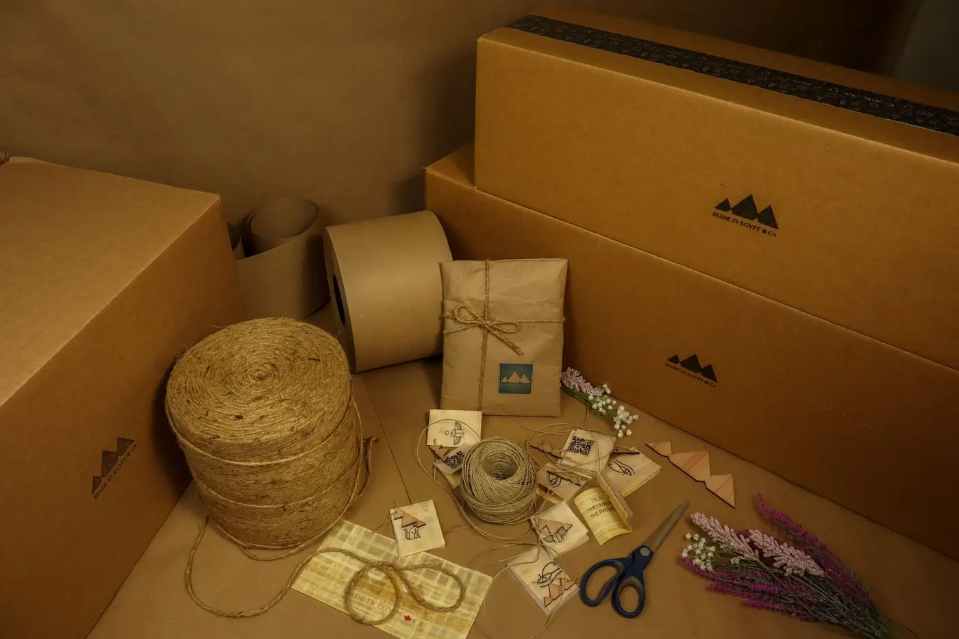 Kraft packaging materials, paper tape and boxes laid out