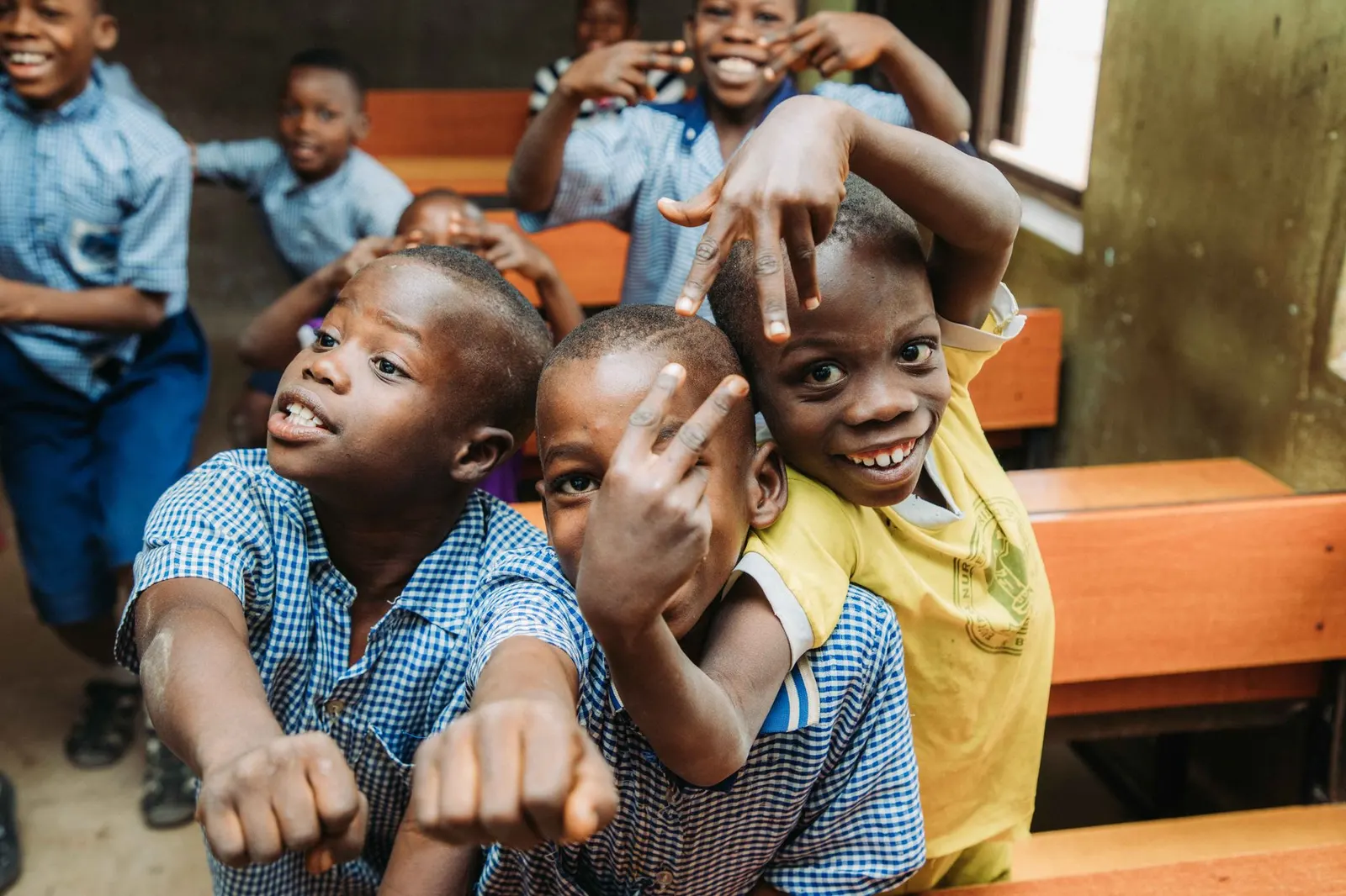 Smiling elementary school students in matching shirts